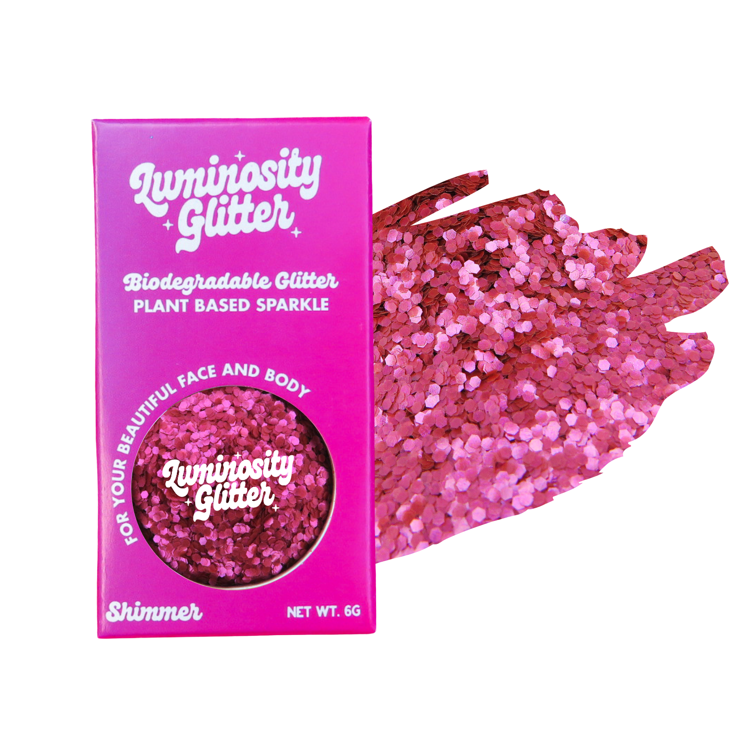 Pink glitter packaging with a sample of pink glitter on a white background