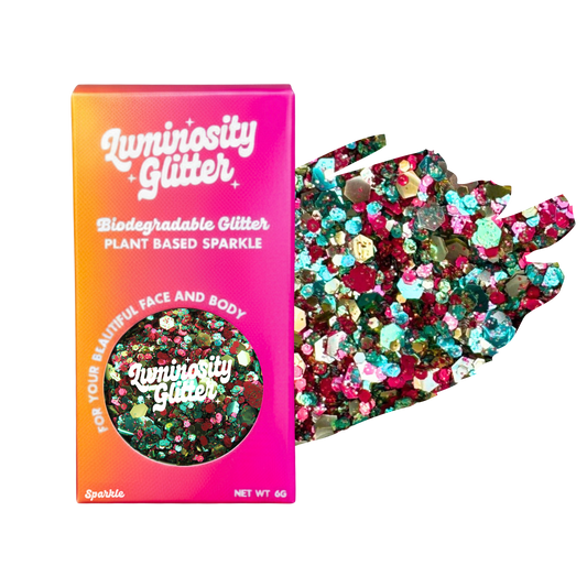 Luminosity Glitter packaging with biodegradable and plant-based glitter on a white background