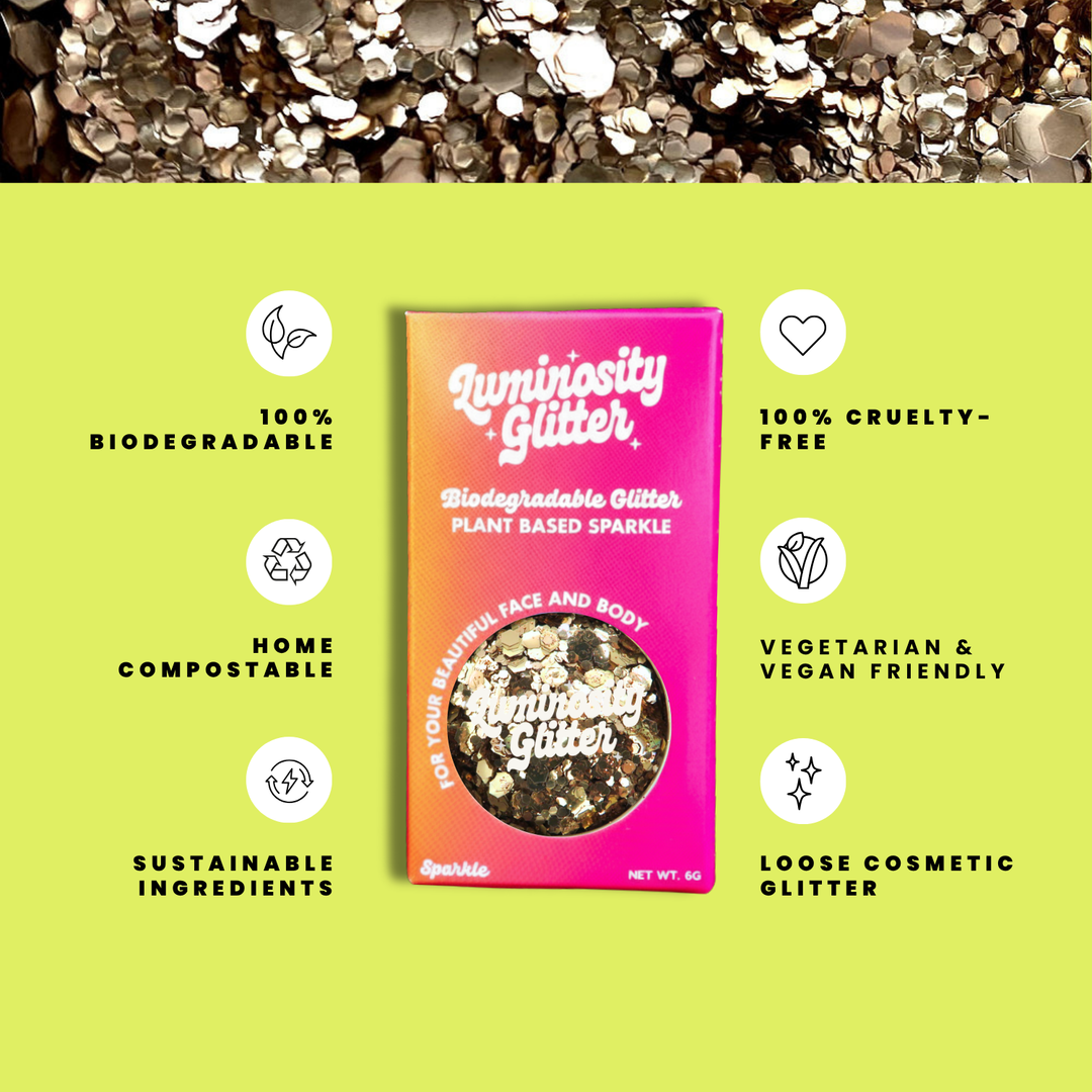 Rose Gold Glitter Blend features infographic: biodegradable cosmetic glitter by Luminosity Glitter