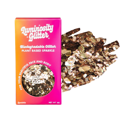 Luminosity Glitter packaging with biodegradable and plant-based glitter on a white background