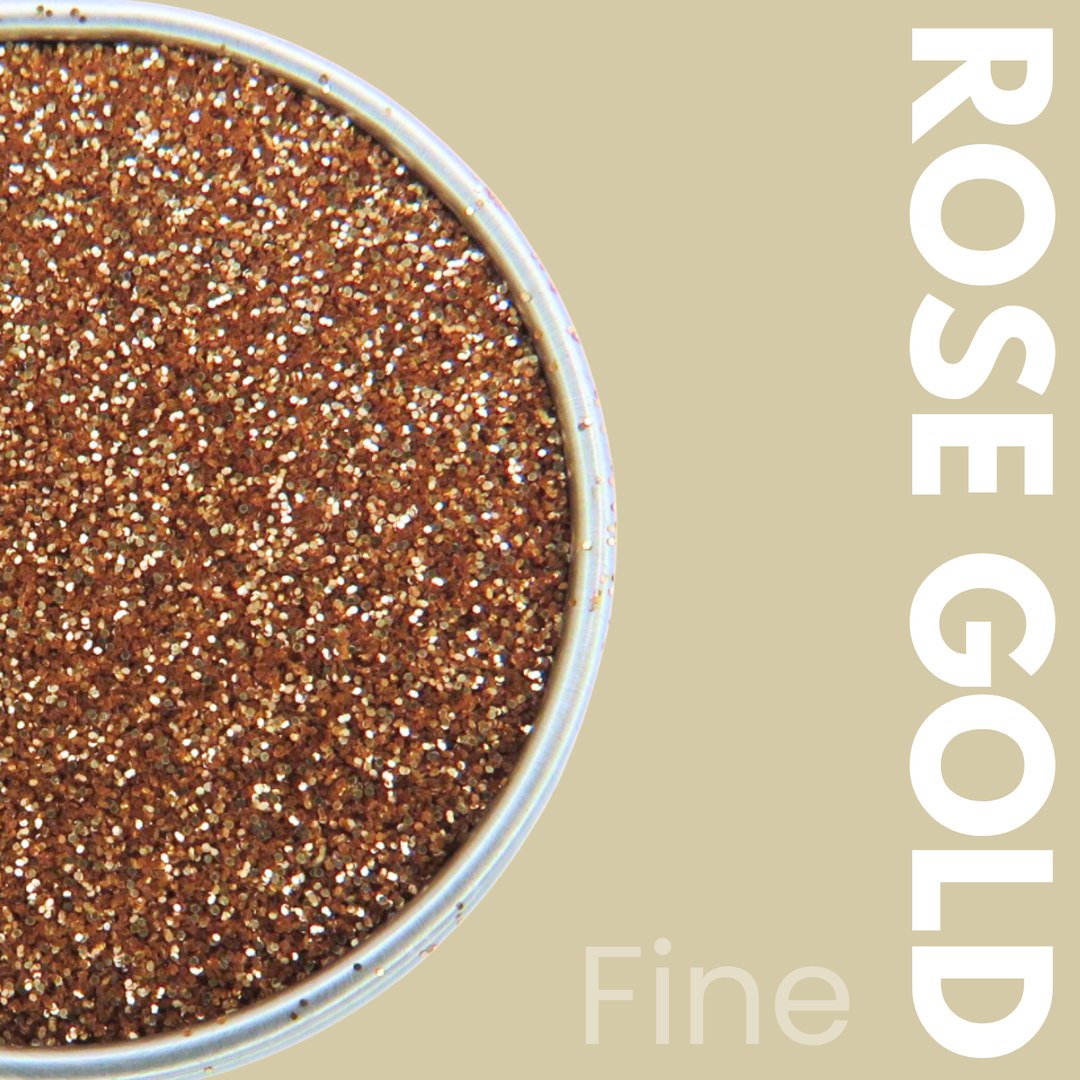 Rose gold glitter in a container with &