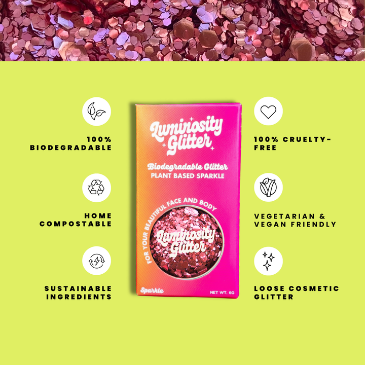 Rose Pink Glitter Blend features infographic: biodegradable cosmetic glitter by Luminosity Glitter