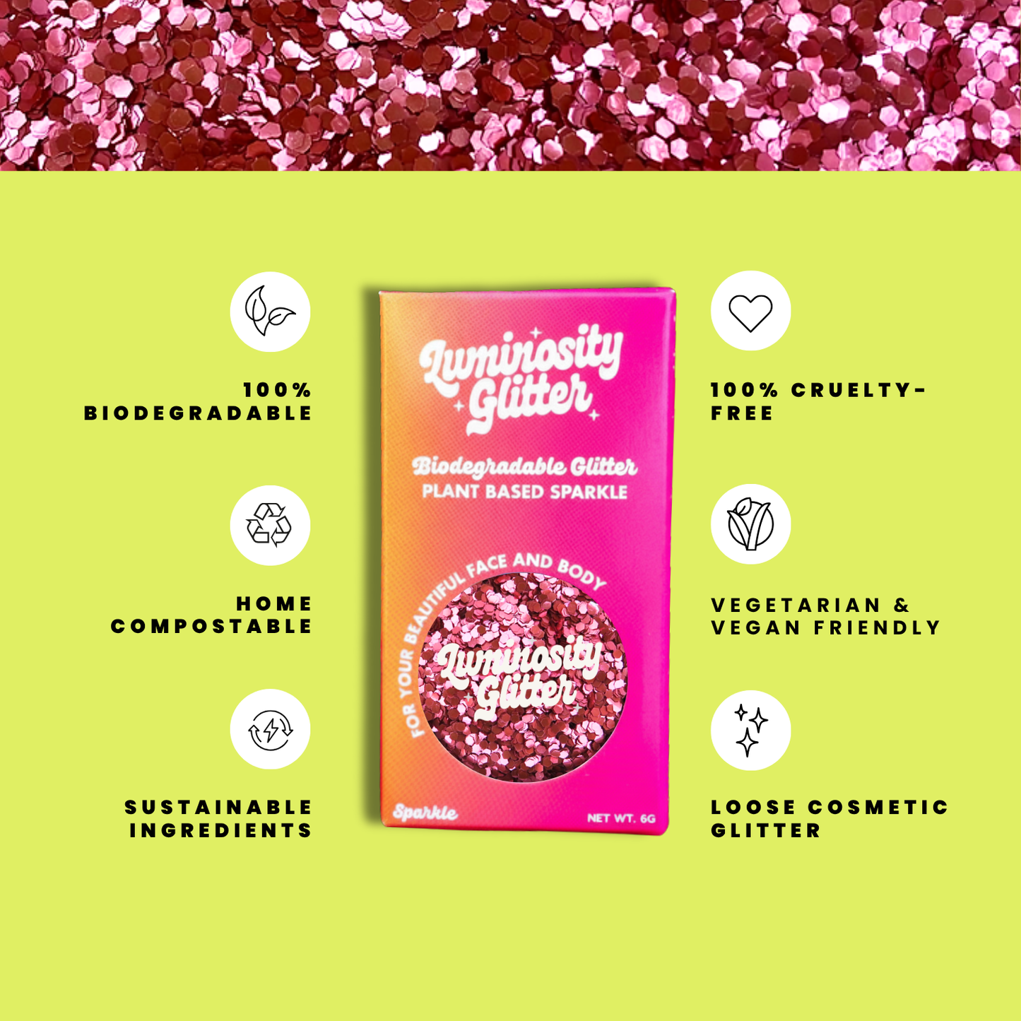 Luminiosity Glitter packaging with sustainability features on a green background
