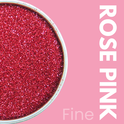 Rose pink glitter in a container with 'Rose Pink' text on a pink background