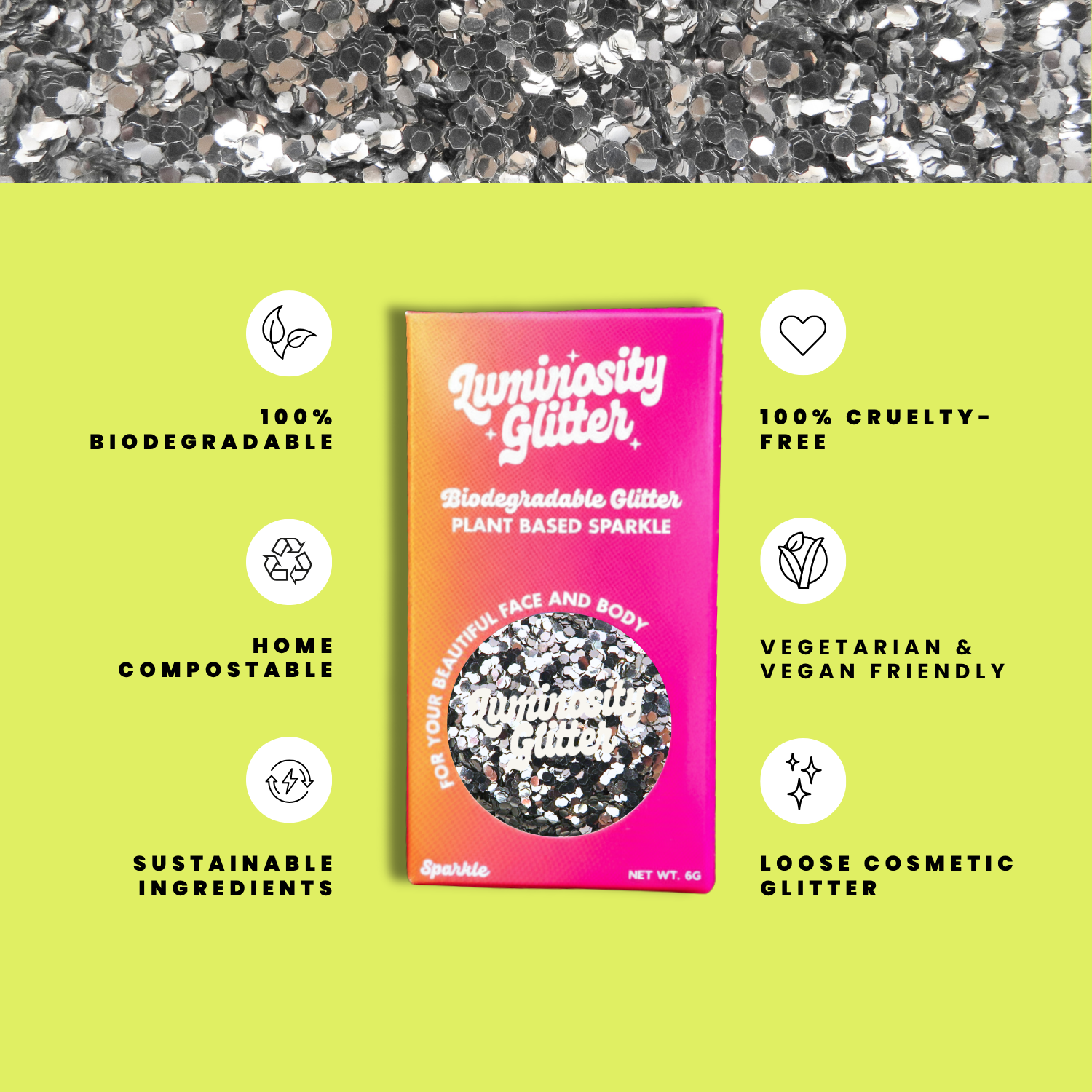 Luminosity Glitter packaging with sustainability features on a green background