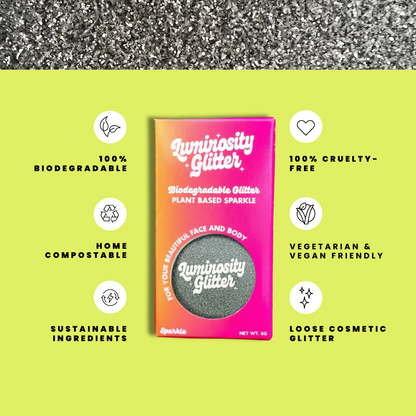 Luminosity Glitter packaging with sustainability features on a green background