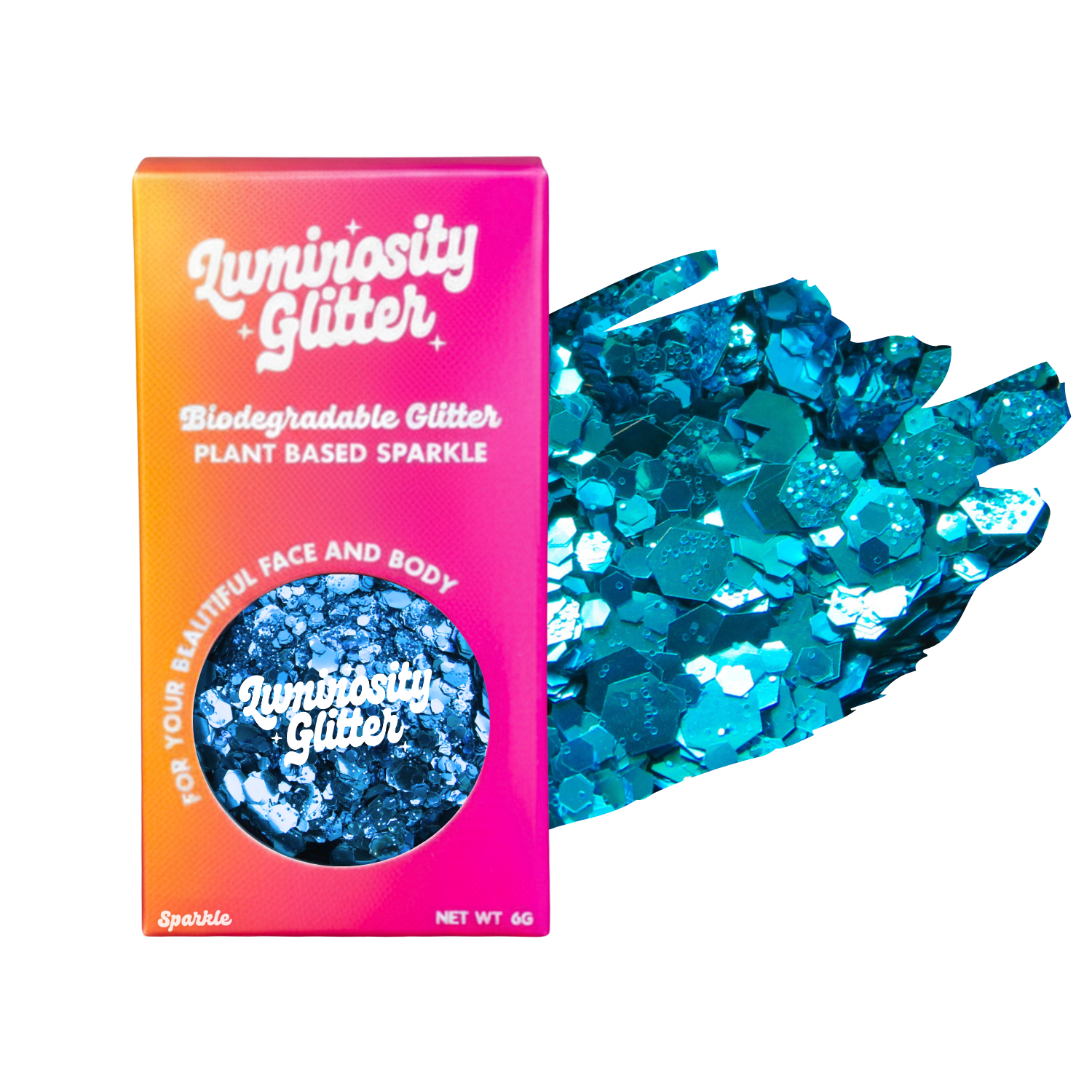 Luminosity Glitter packaging with blue glitter on a white background