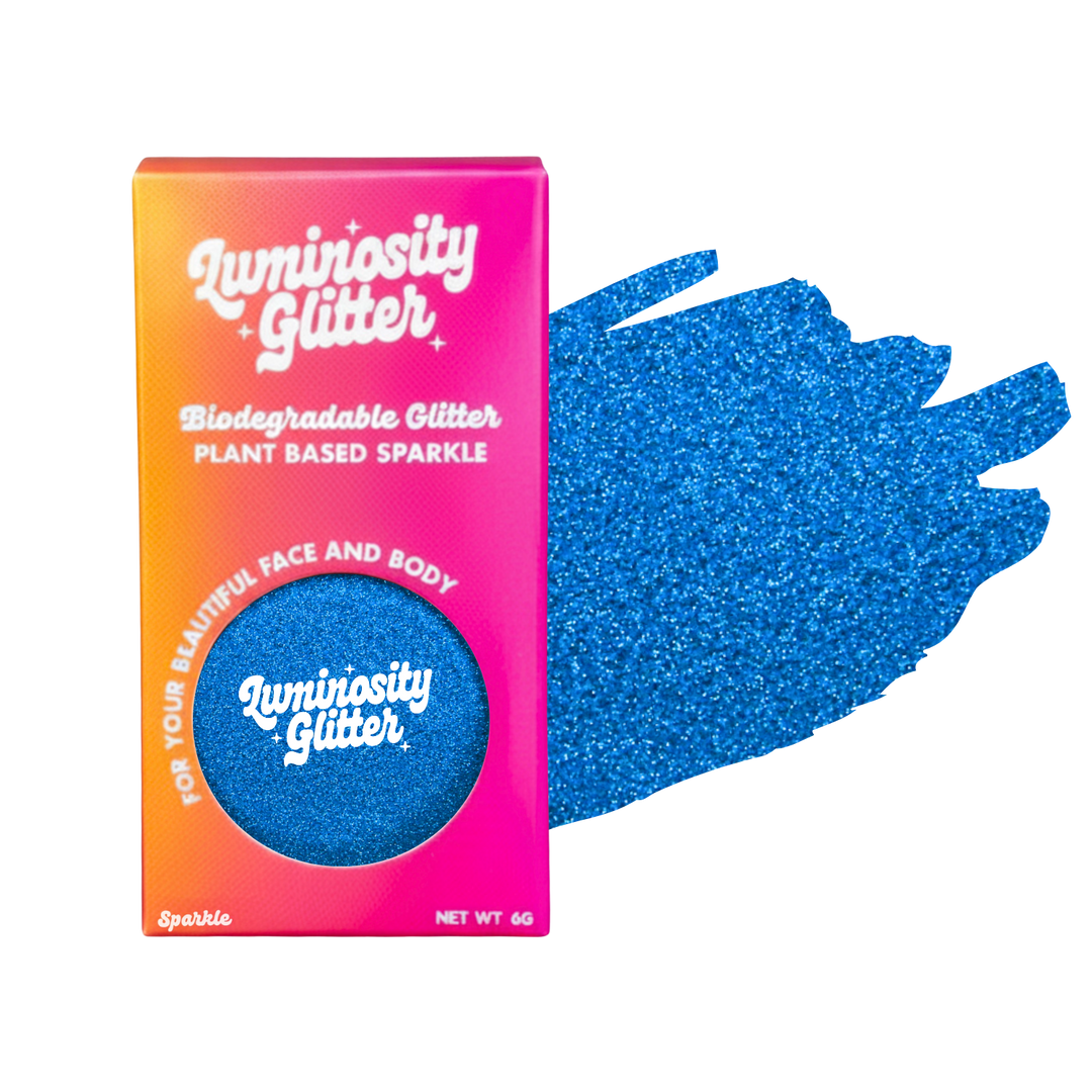 Luminosity Glitter packaging with blue glitter on a white background