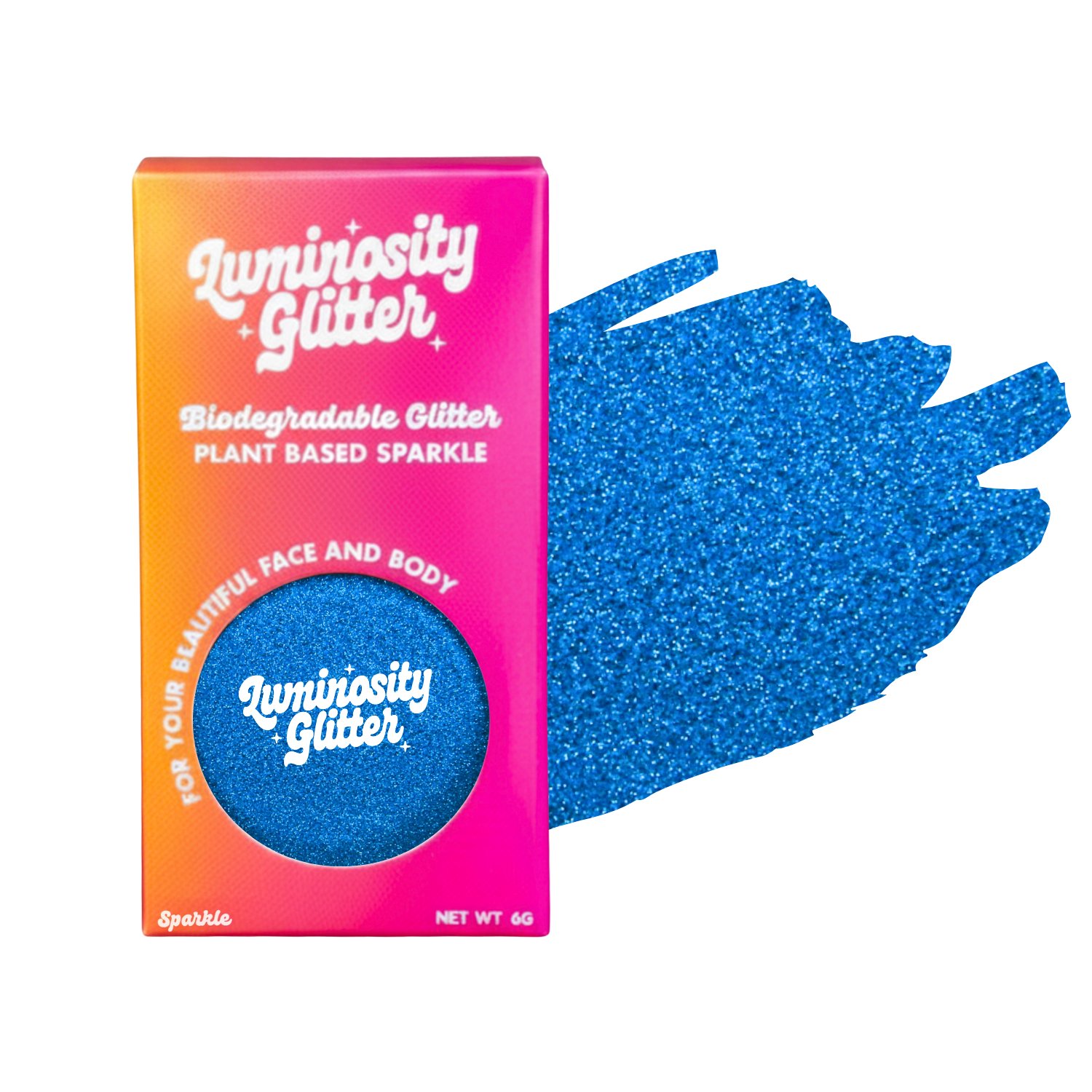 Luminosity Glitter packaging with blue glitter on a white background