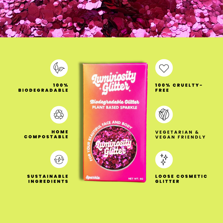 Stormy Rose Glitter Blend features infographic: biodegradable cosmetic glitter by Luminosity Glitter