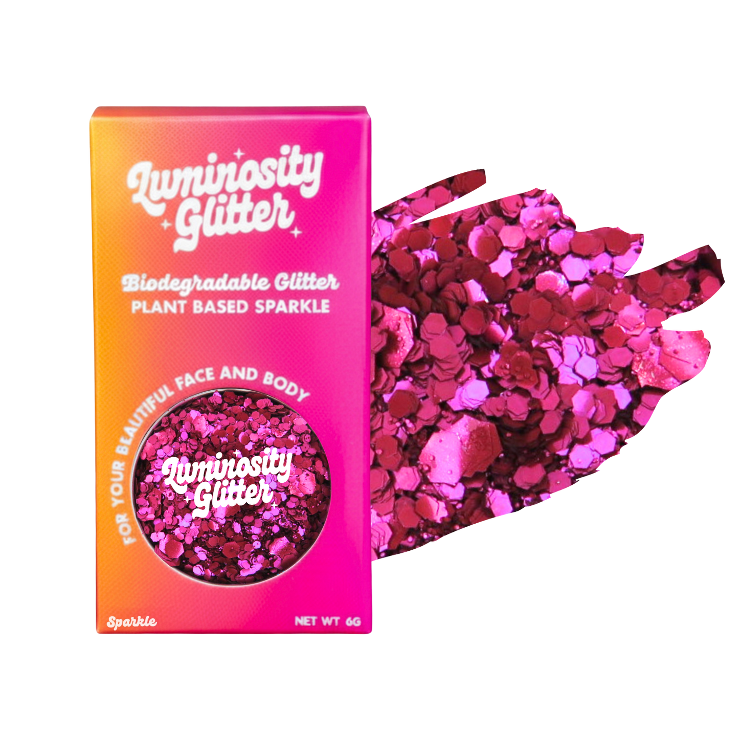 Luminosity Glitter packaging with pink and red glitter on a white background