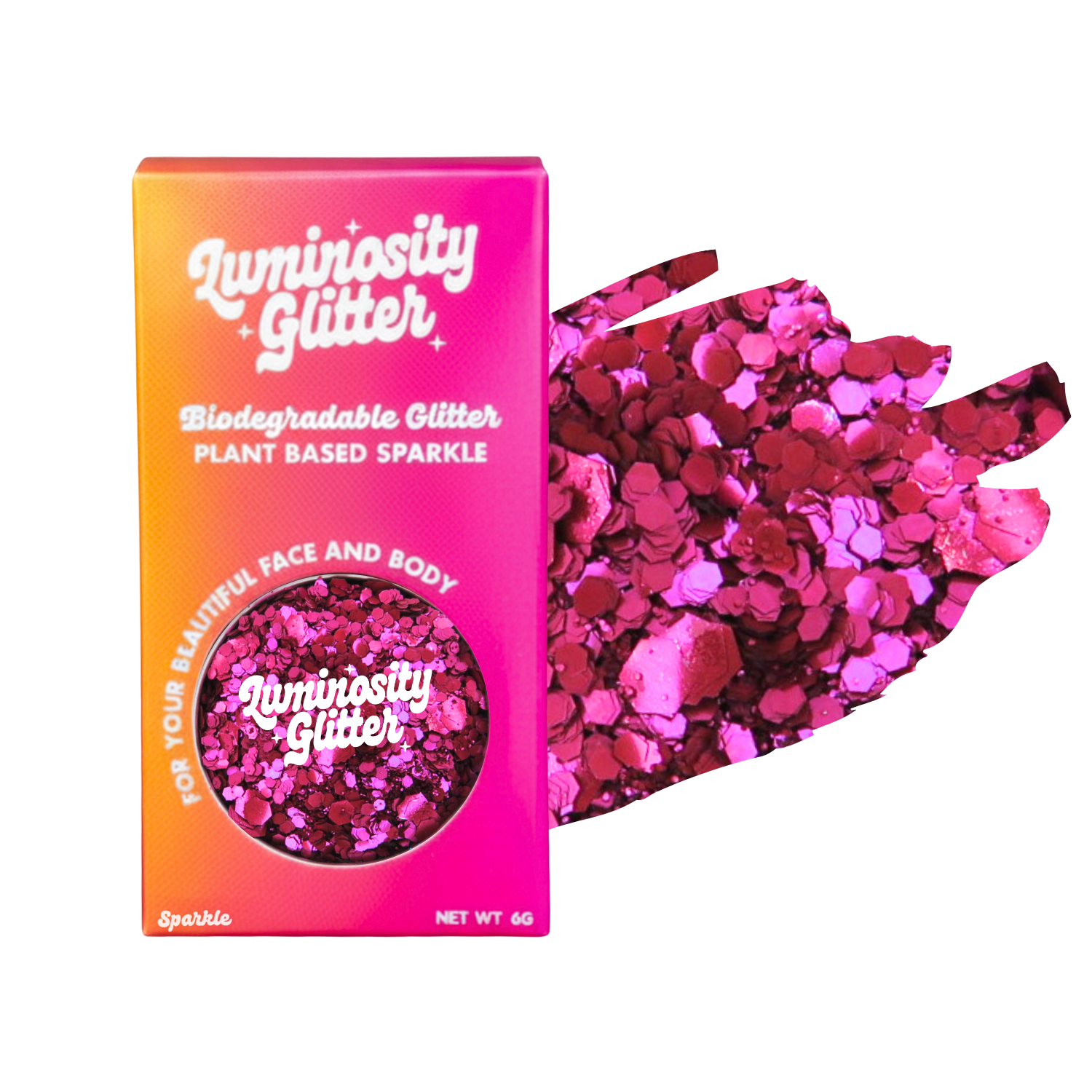 Luminosity Glitter packaging with pink and red glitter on a white background