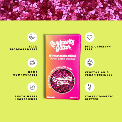 Luminosity Glitter packaging with sustainability features on a green background