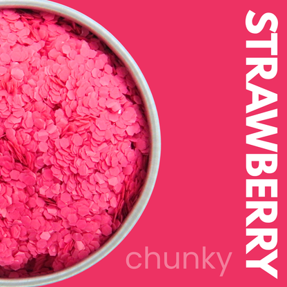 Pink chunky glitter in a pot on a pink background with 'STRAWBERRY' text.