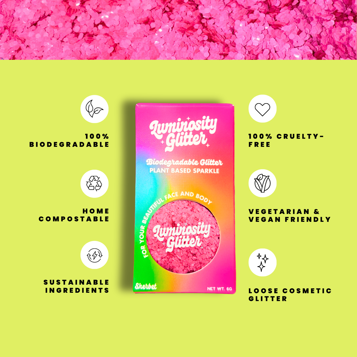 Luminosity Glitter packaging with sustainability features on a green background