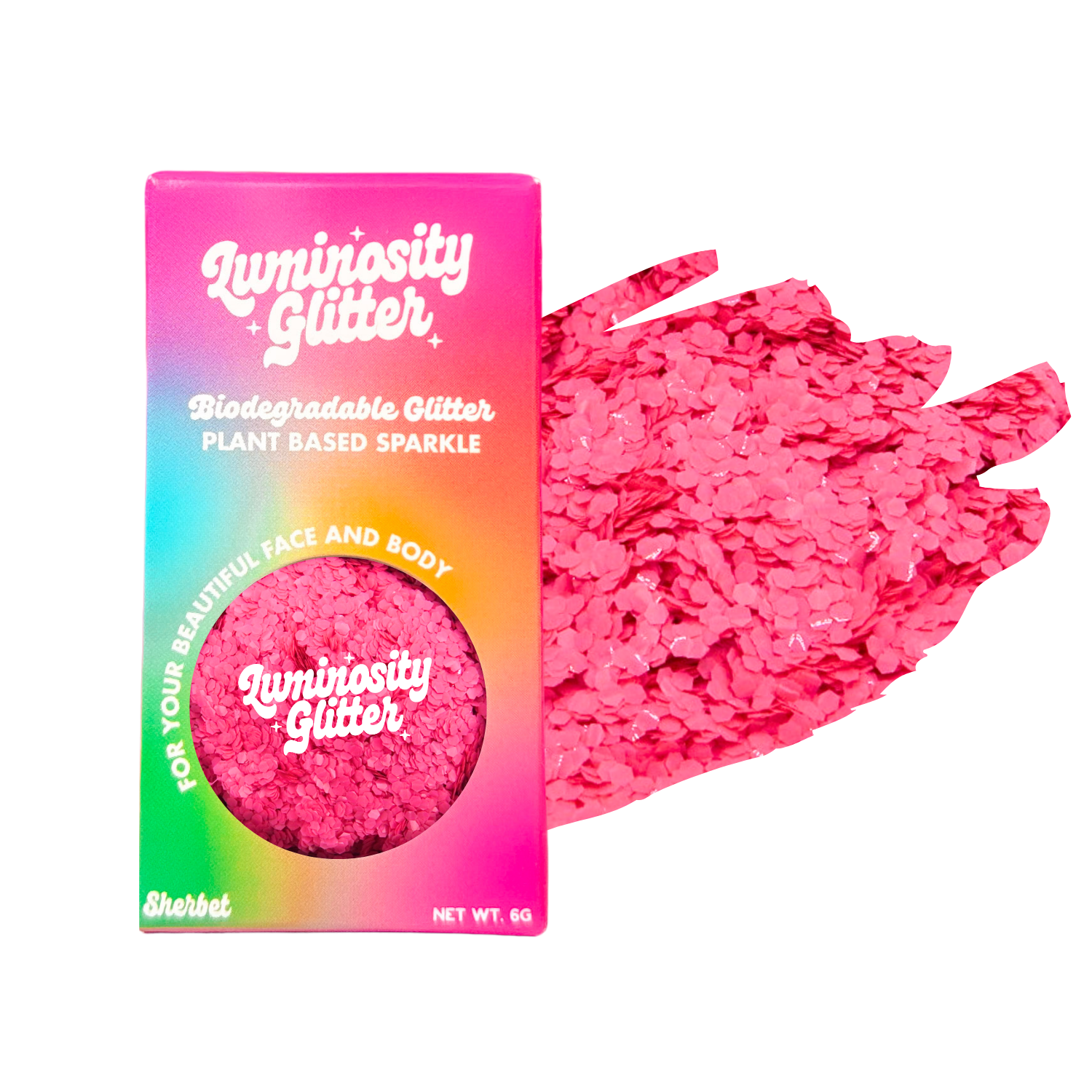 Luminosity Glitter packaging with pink glitter on a white background