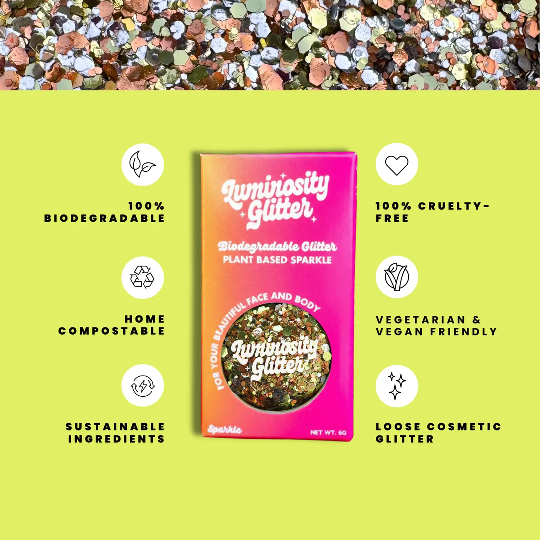 Sunset Shimmer Festival Glitter Mix features infographic: biodegradable cosmetic glitter by Luminosity Glitter