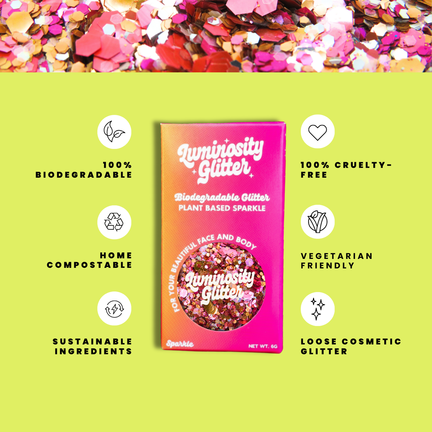 Luminosity Glitter packaging with sustainability features on a green background