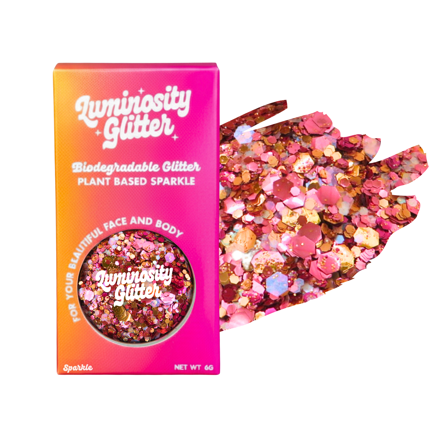 Luminosity Glitter packaging with biodegradable and plant-based glitter on a white background