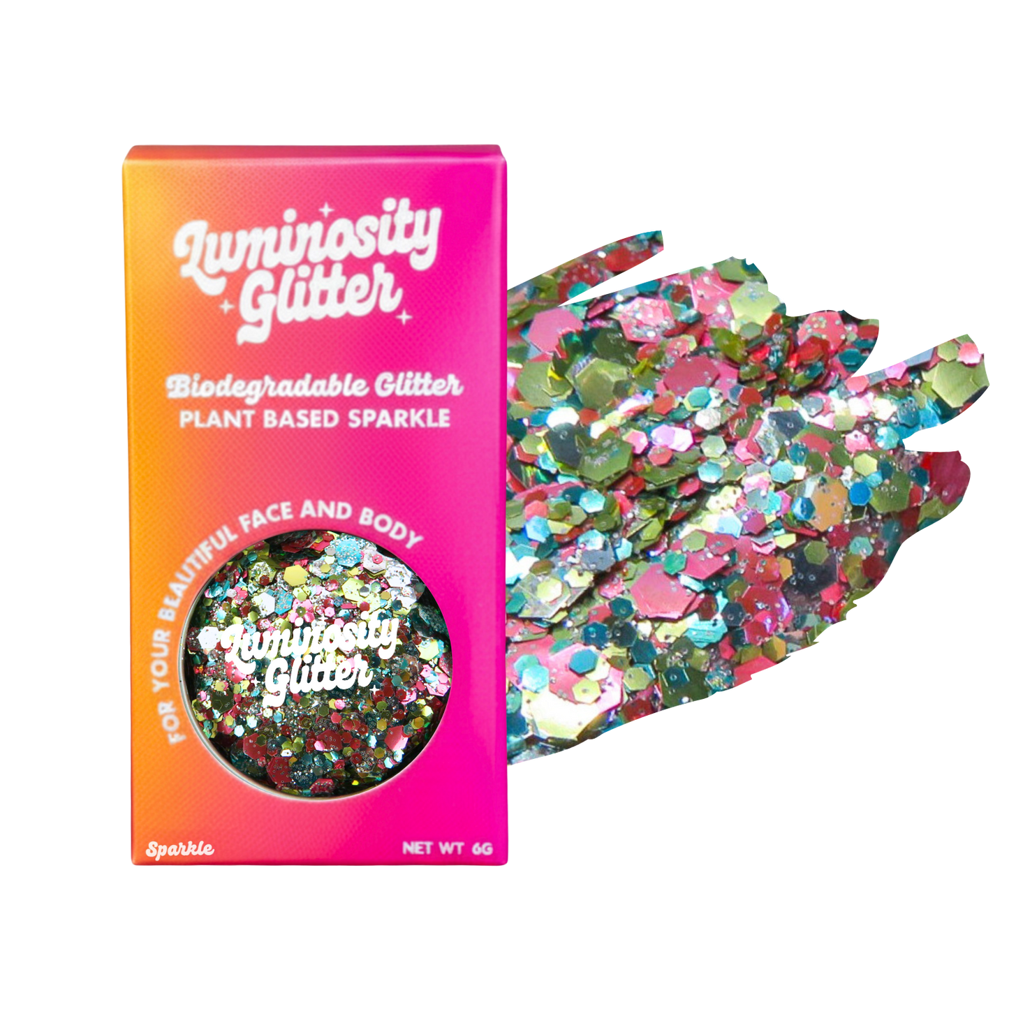 Luminosity Glitter packaging with biodegradable and plant-based sparkle, next to a handful of colorful glitter.
