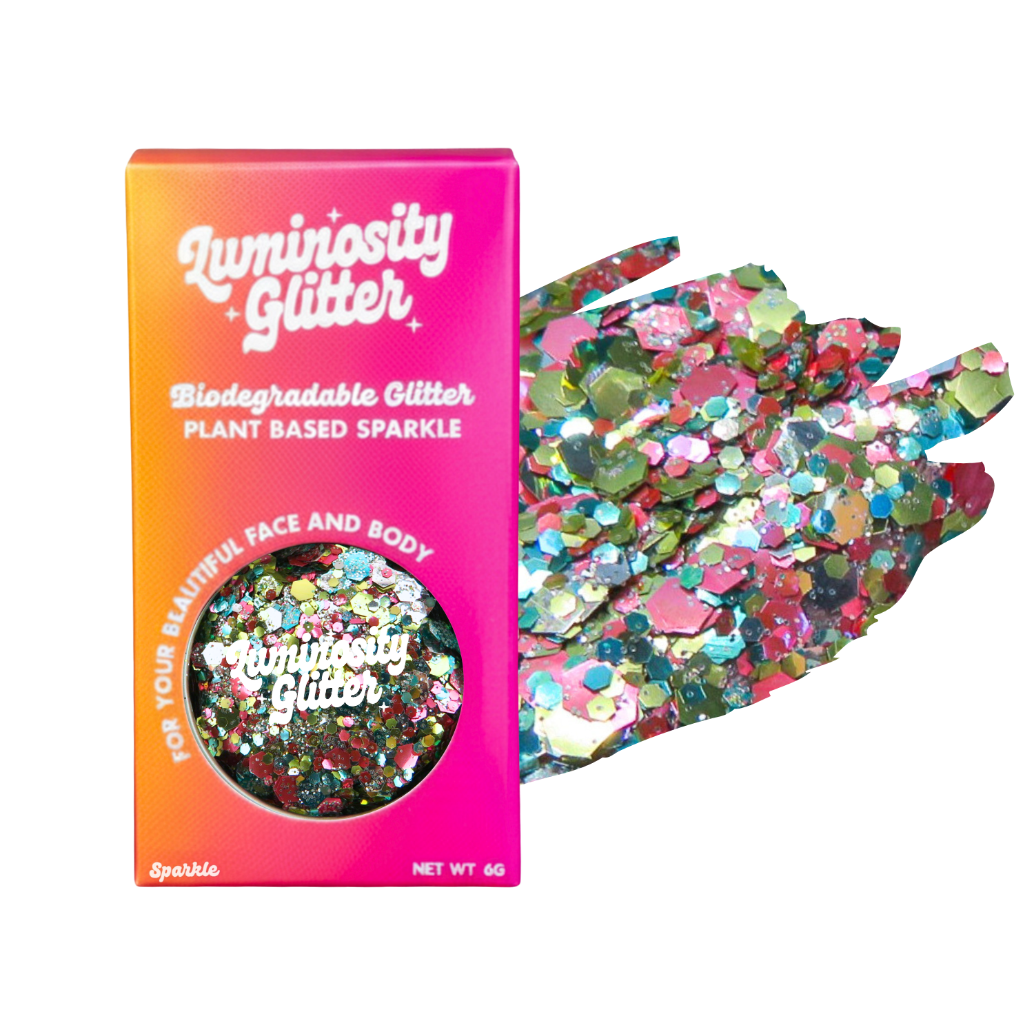 Luminosity Glitter packaging with biodegradable and plant-based sparkle, next to a handful of colorful glitter.