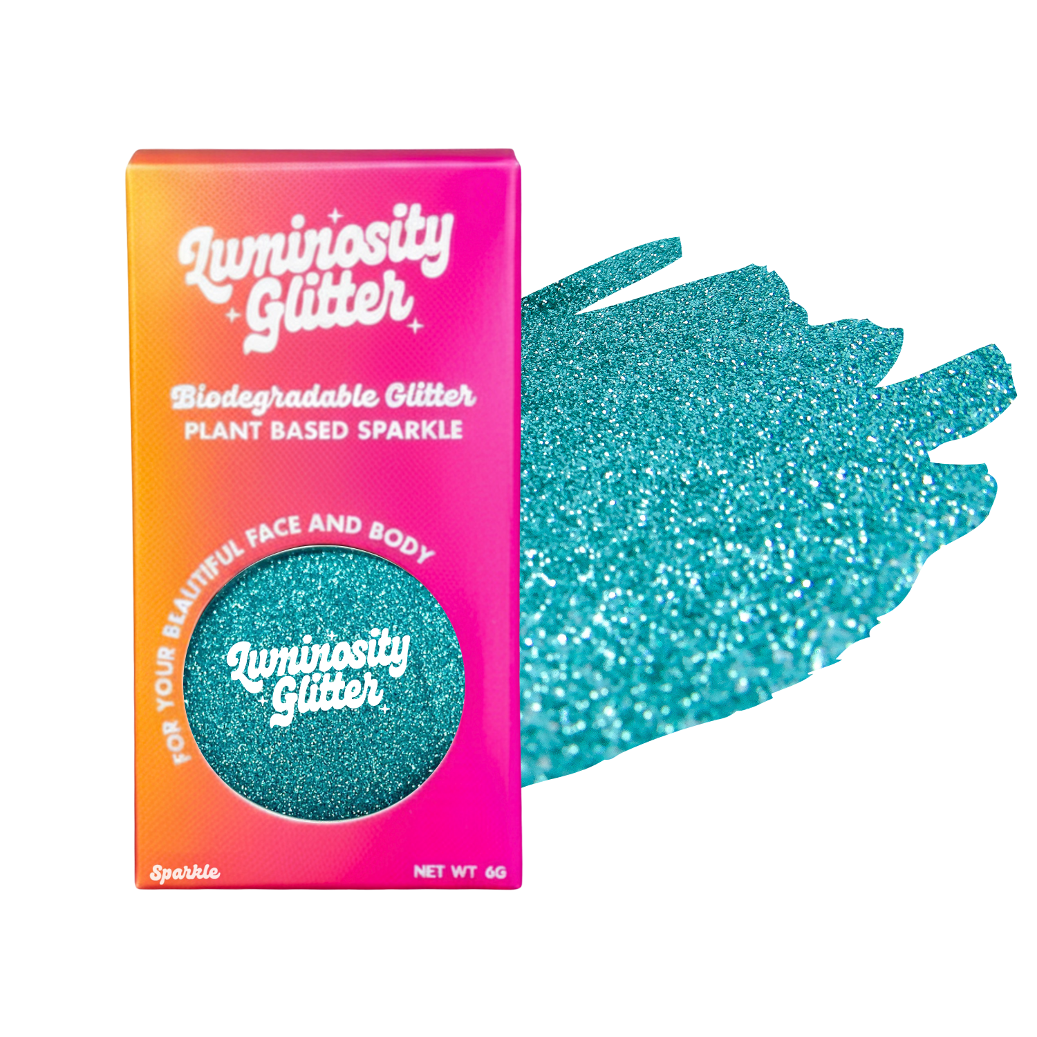 Luminosity Glitter packaging with a sample of blue glitter on a white background