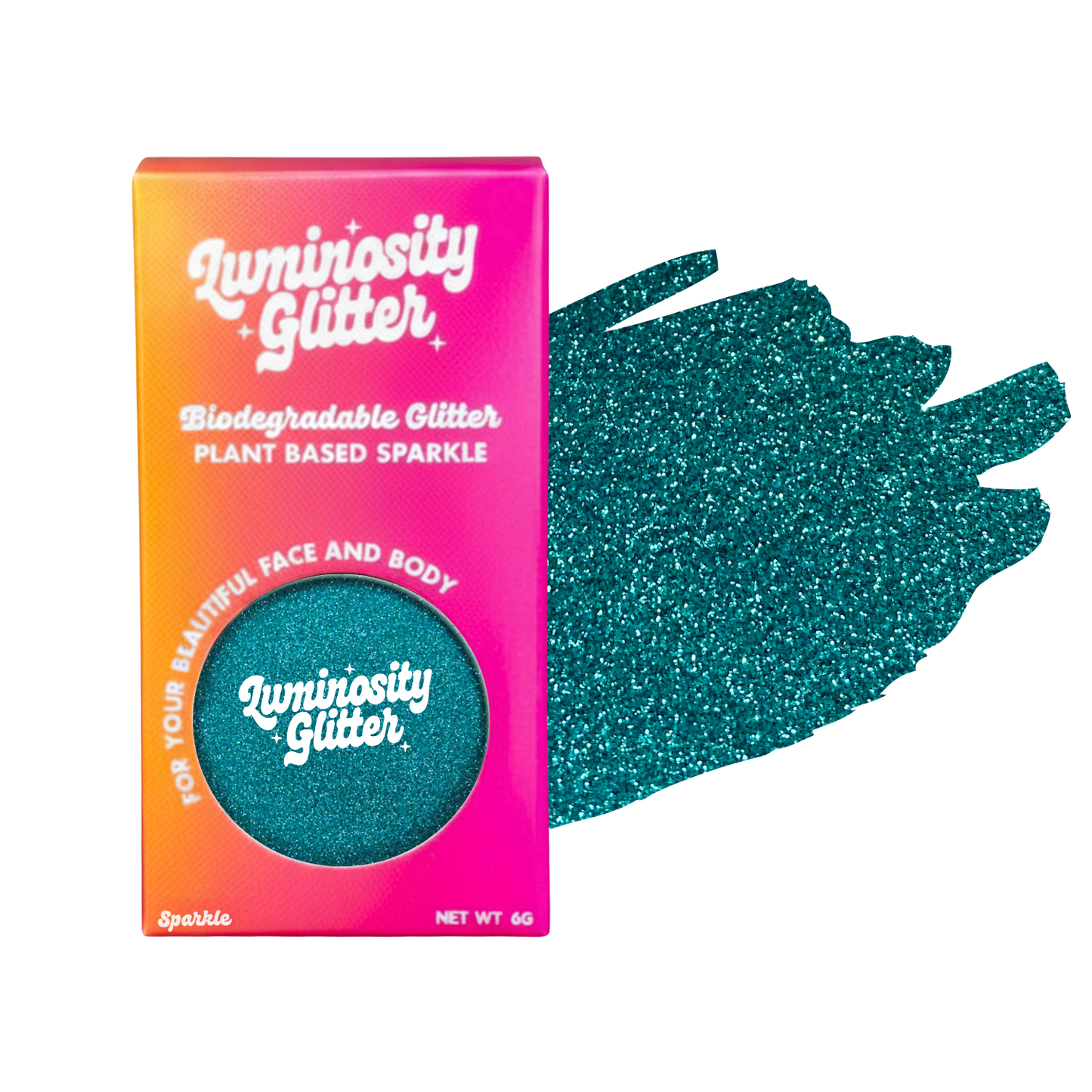 Luminosity Glitter packaging with teal glitter swatch on a white background