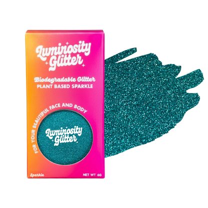 Luminosity Glitter packaging with teal glitter swatch on a white background