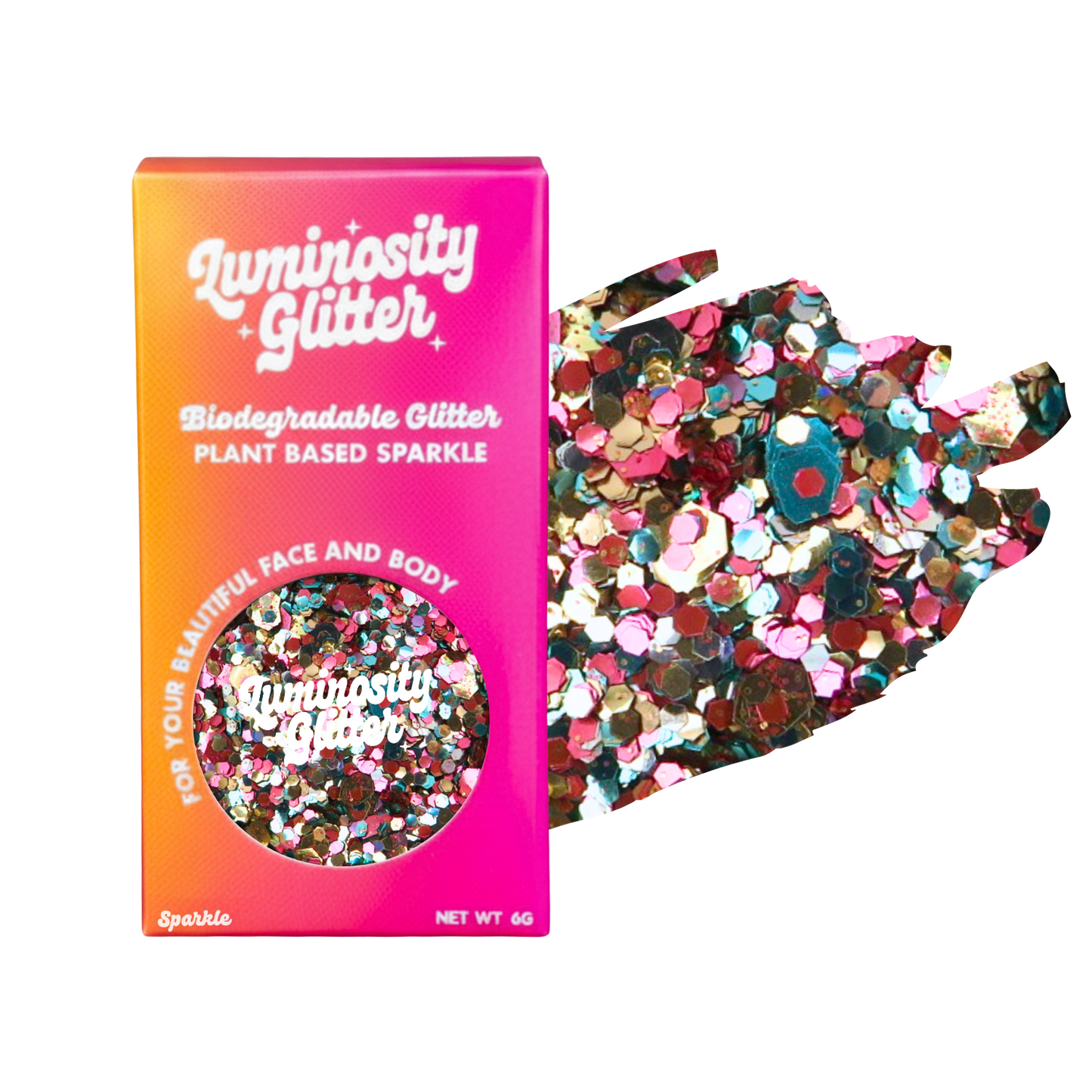 Luminosity Glitter packaging with biodegradable and plant-based glitter on a white background