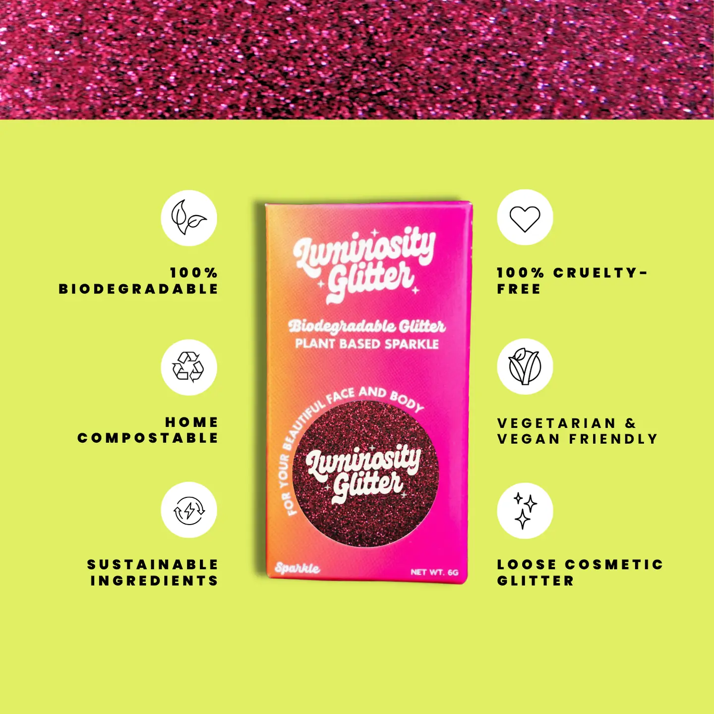 Luminiosity Glitter packaging with sustainability features on a green background