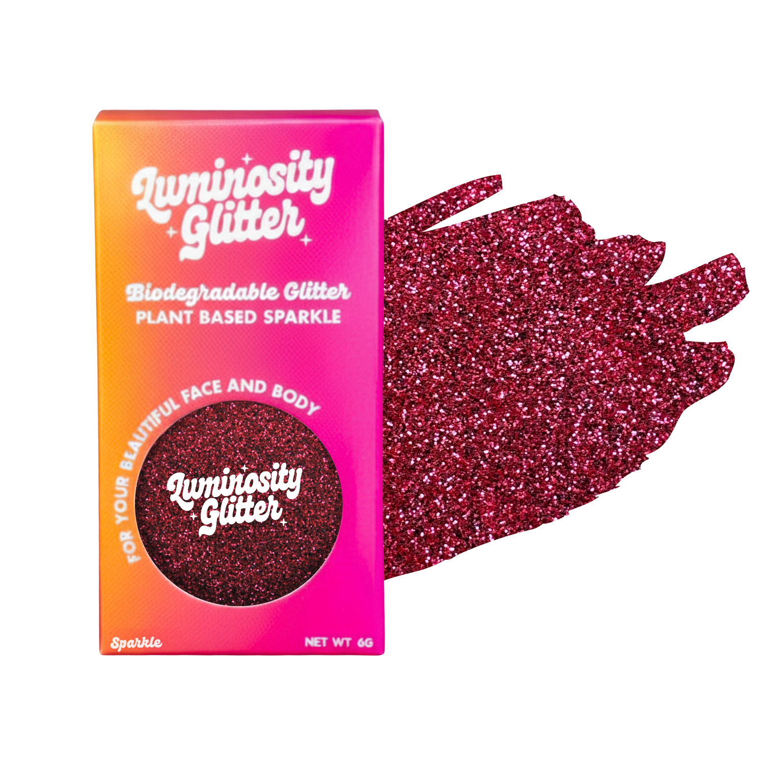 Luminosity Glitter packaging with red glitter on a white background