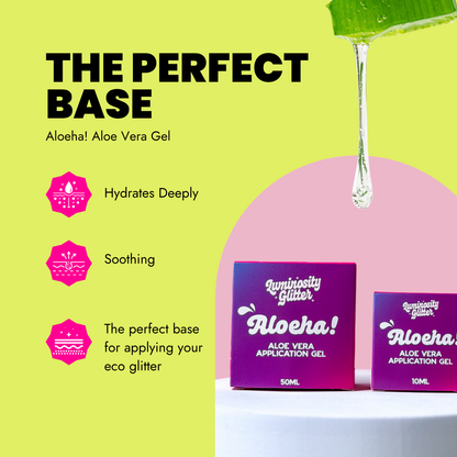 Aloe vera gel packaging with droplet on green background, text 'The Perfect Base'.