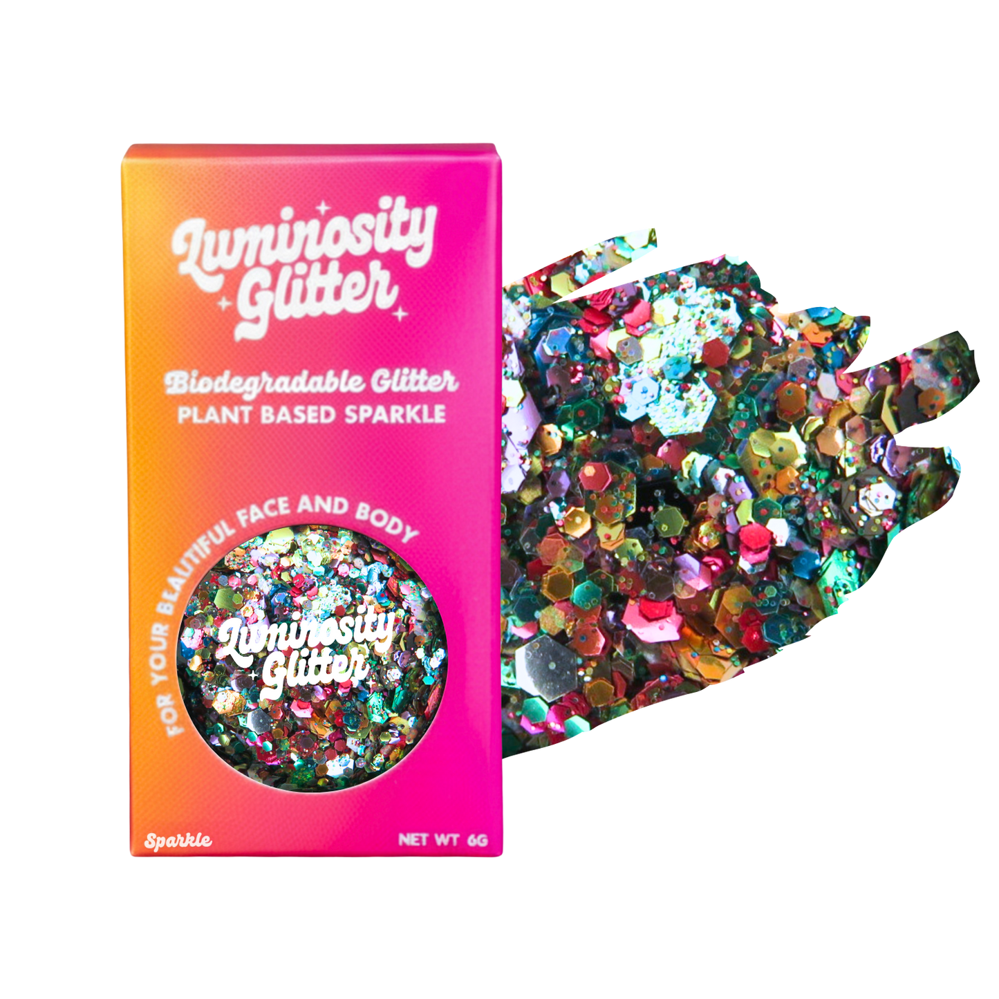Luminosity Glitter packaging with biodegradable and plant-based sparkle, on a white background.