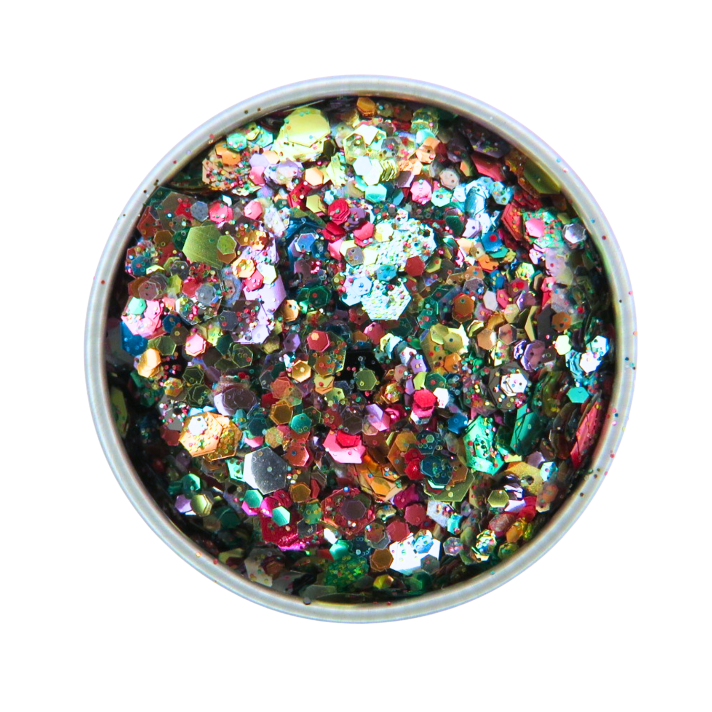 Multicolored glitter in a round container on a white background
