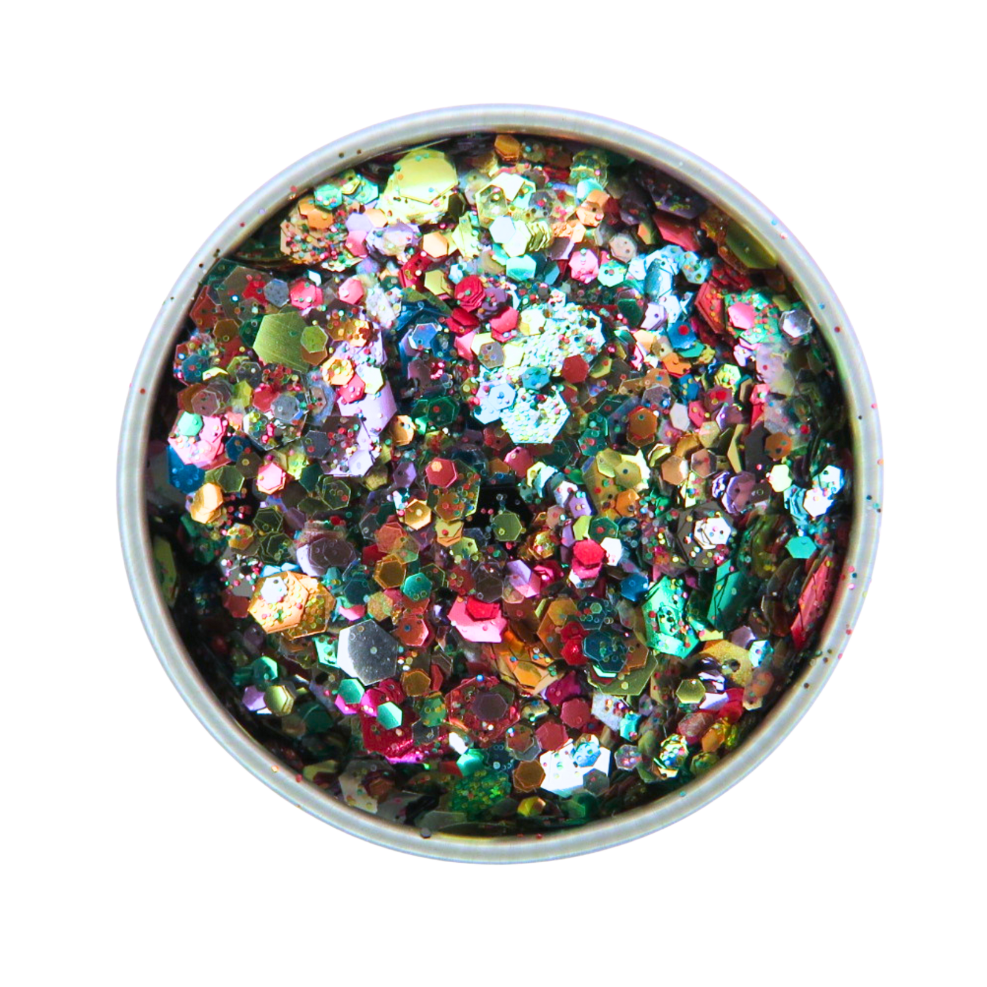 Multicolored glitter in a round container on a white background