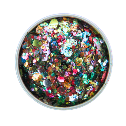 Multicolored glitter in a round container on a white background