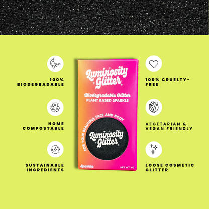 Luminosity Glitter packaging with sustainability features on a green background