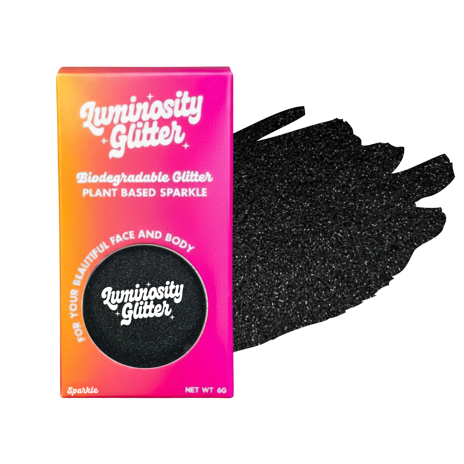 Luminosity Glitter packaging with black glittery hand for face and body use