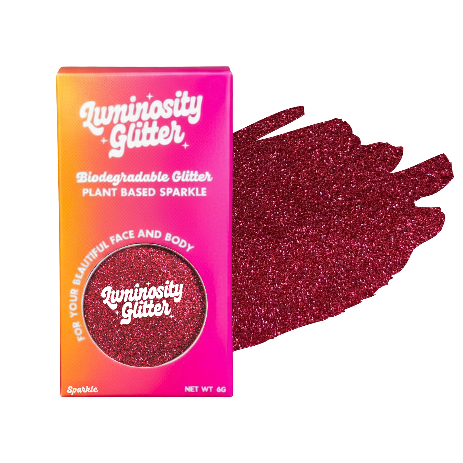 Luminosity Glitter packaging with red glitter swatch on a white background