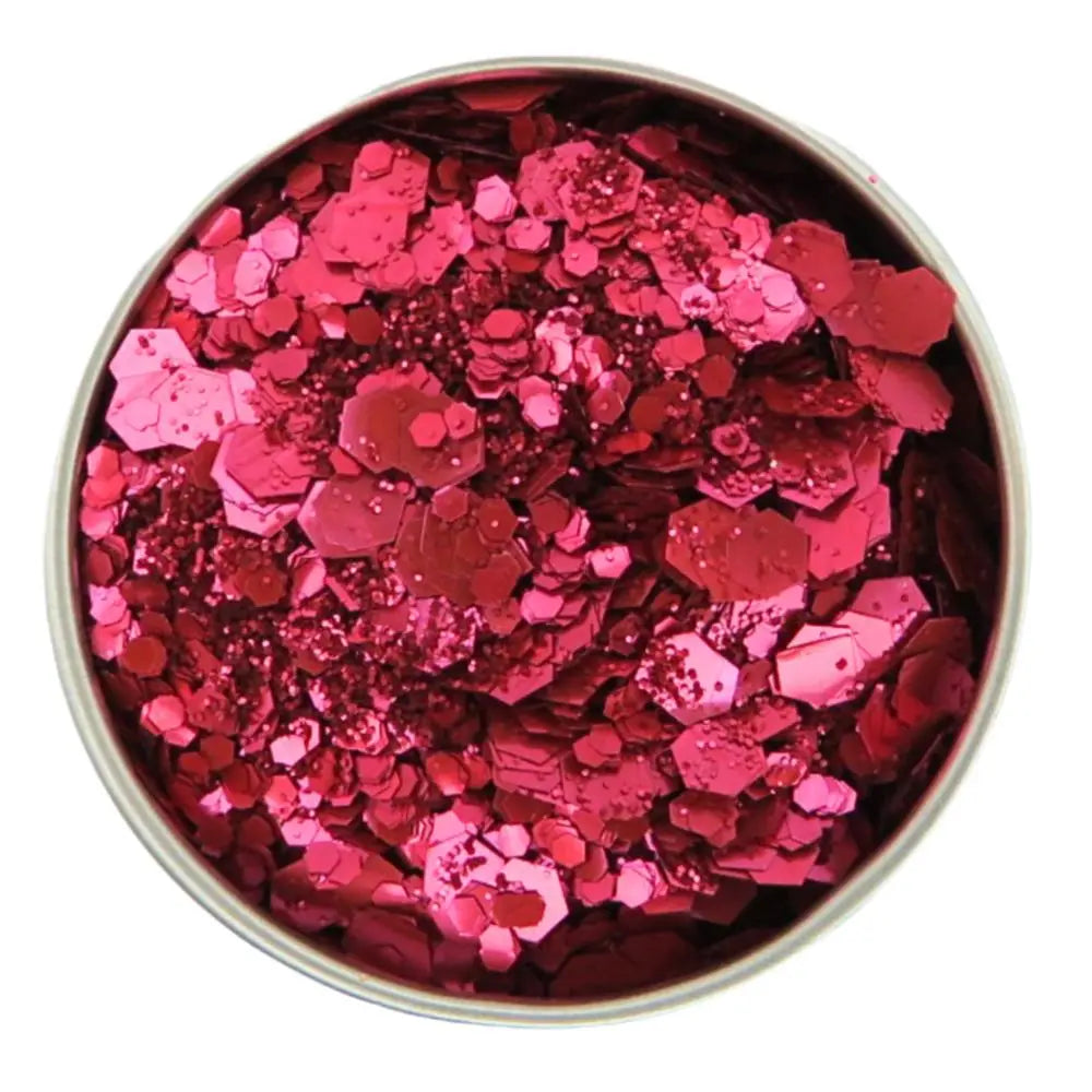 Close-up of Blush Red Glitter Blend, biodegradable cosmetic glitter by Luminosity Glitter