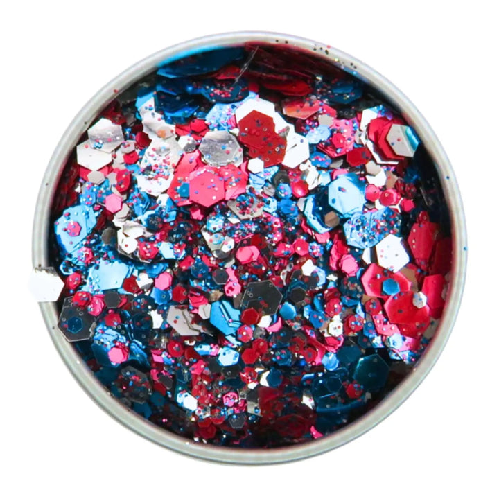 Close-up of Britannia Bling Festival Glitter Mix, biodegradable cosmetic glitter by Luminosity Glitter