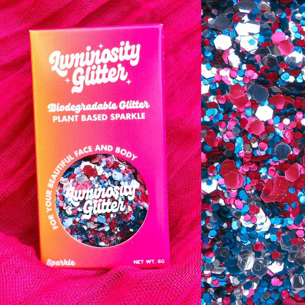 Red, silver and blue Eurovision glitter makeup