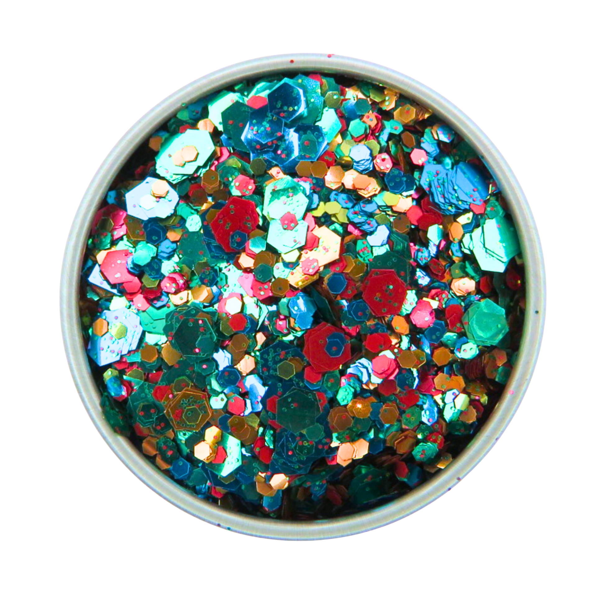 Colorful glitter in a round container on a white background