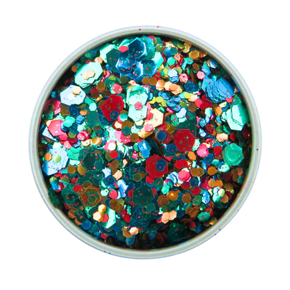 Colorful glitter in a round container on a white background