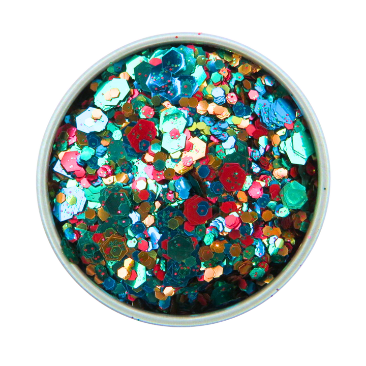 Colorful glitter in a round container on a white background