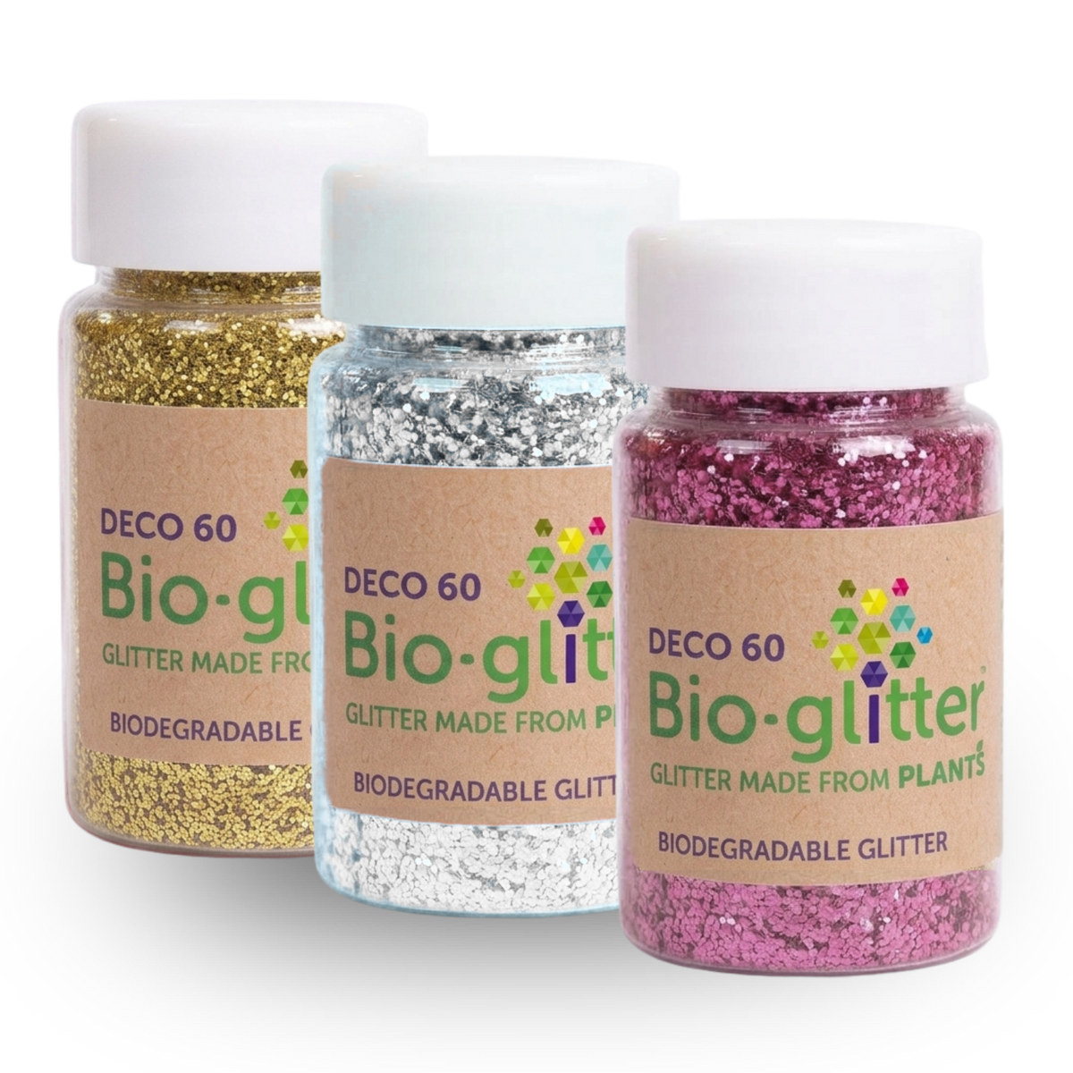 Three small jars of Bio-glitter by DECO 60 arranged together on a white background. The glitter colors visible are metallic gold, silver, and pink, with white caps and brown paper labels.