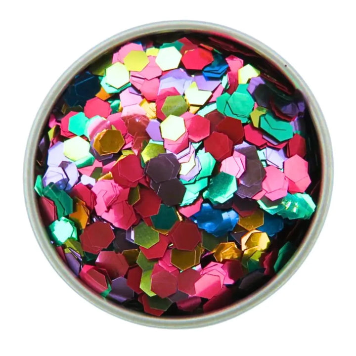 Close-up of Confetti Pride Super Chunky Glitter Mix, biodegradable cosmetic glitter by Luminosity Glitter