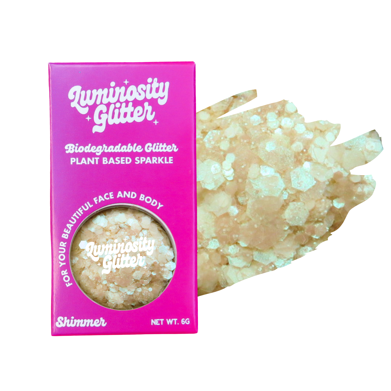 Luminosity Glitter packaging with a sample of glitter on a white background