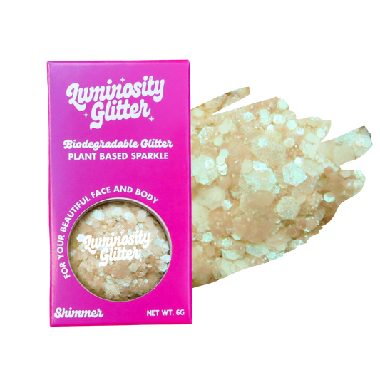 Luminosity Glitter packaging with a sample of glitter on a white background