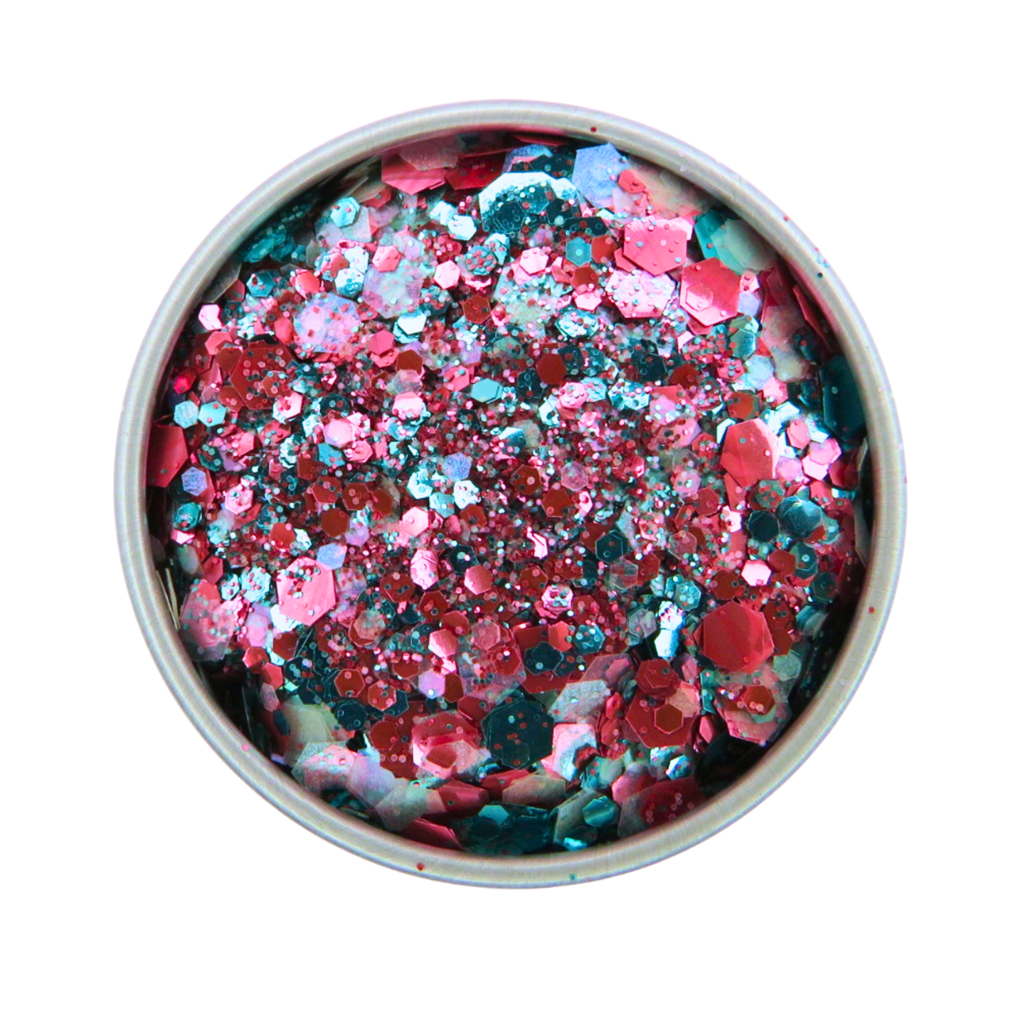 Colorful glitter mix in a round container on a white background